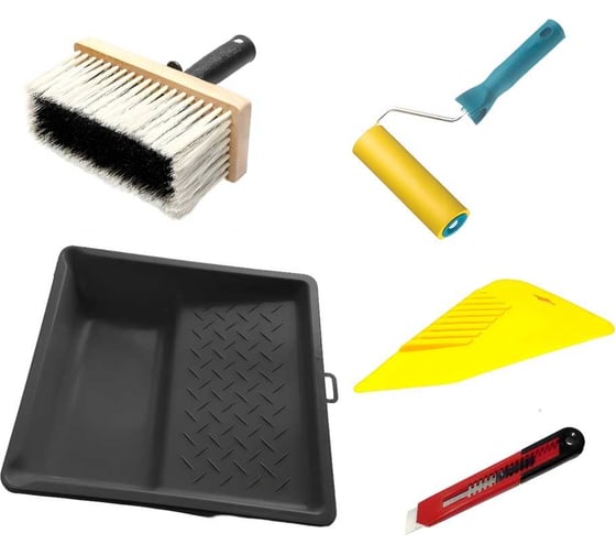 Изображение товара Набор малярный для поклейки обоев Мелодия цвета валик прижимной 150мм, макловица 140мм, ванночка 330x350мм, шпатель для прикатки обоев, нож НАБОБ