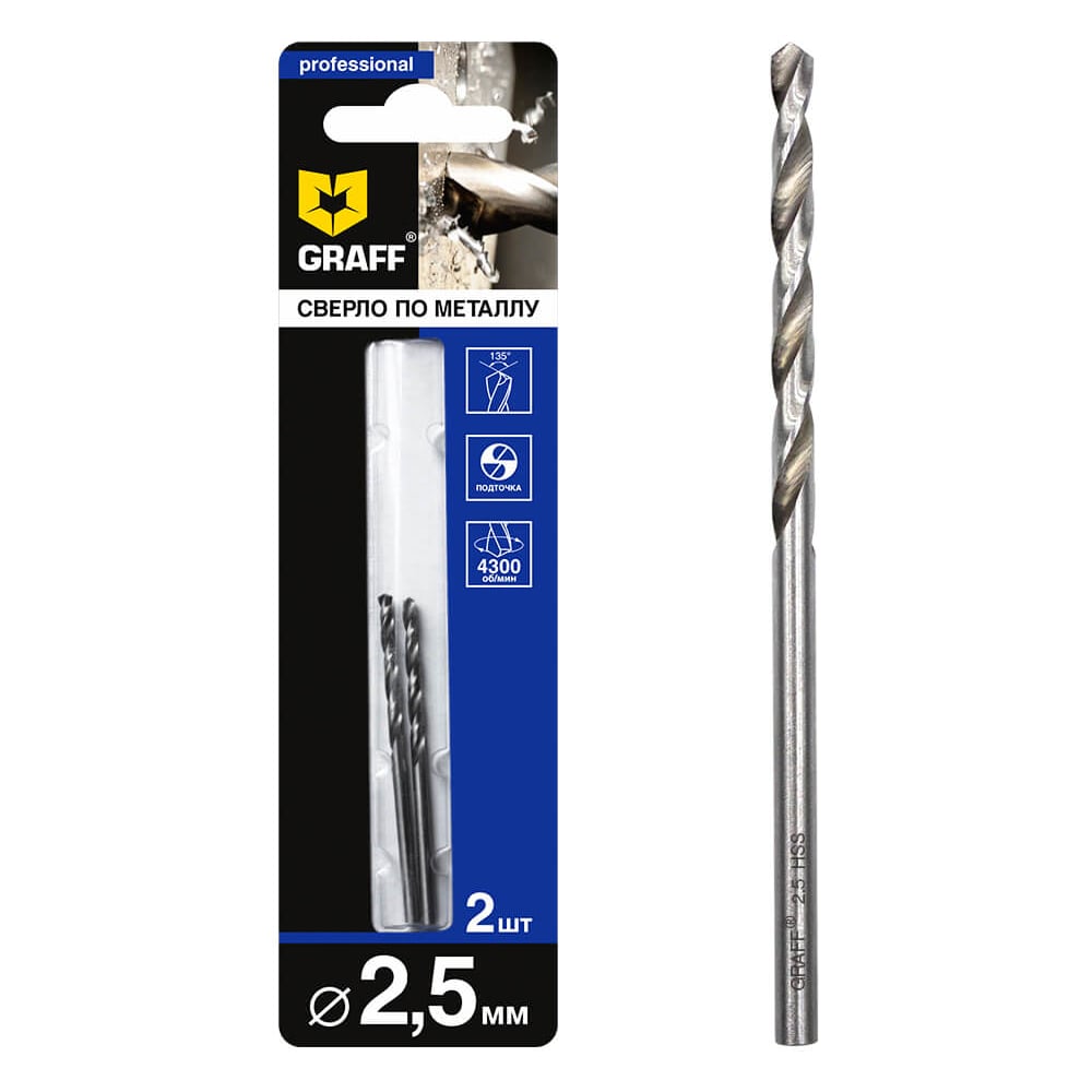 Изображение товара Сверло по металлу GRAFF 2.5 мм, 2 шт в блистере