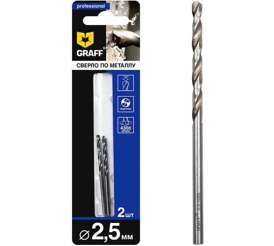 Изображение товара Сверло по металлу 2.5 мм, 2 шт, в блистере GRAFF 722557