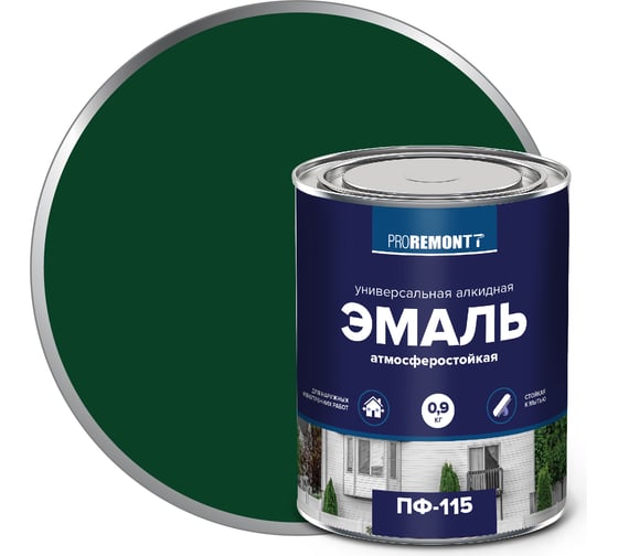 Изображение товара Эмаль PROREMONTT ПФ-115 зеленая, 0.9 кг Лк-00004464