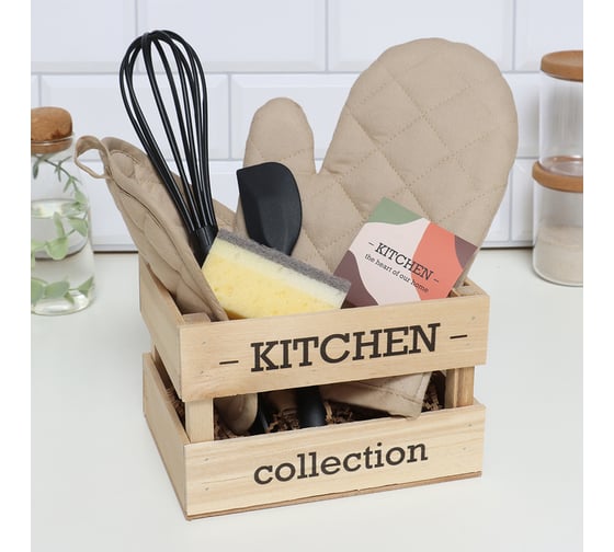 Изображение товара Подарочный набор Этель Kitchen варежка-прихватка, прихватка, кухонная лопатка, венчик, губка 10112465
