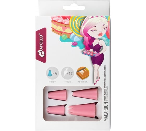 Изображение товара Набор мешков кулинарных одноразовых 12 шт. с насадками 4 шт. APOLLO "Macaroon" MCR-01