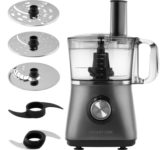 Изображение товара Кухонный комбайн Galaxy LINE GL 2314, серый, 1,2 л, 1000 Вт, двусторонний диск-нож для крупной и мелкой нарезки, диск-нож для нарезки картофеля фри, арт. 7020523140