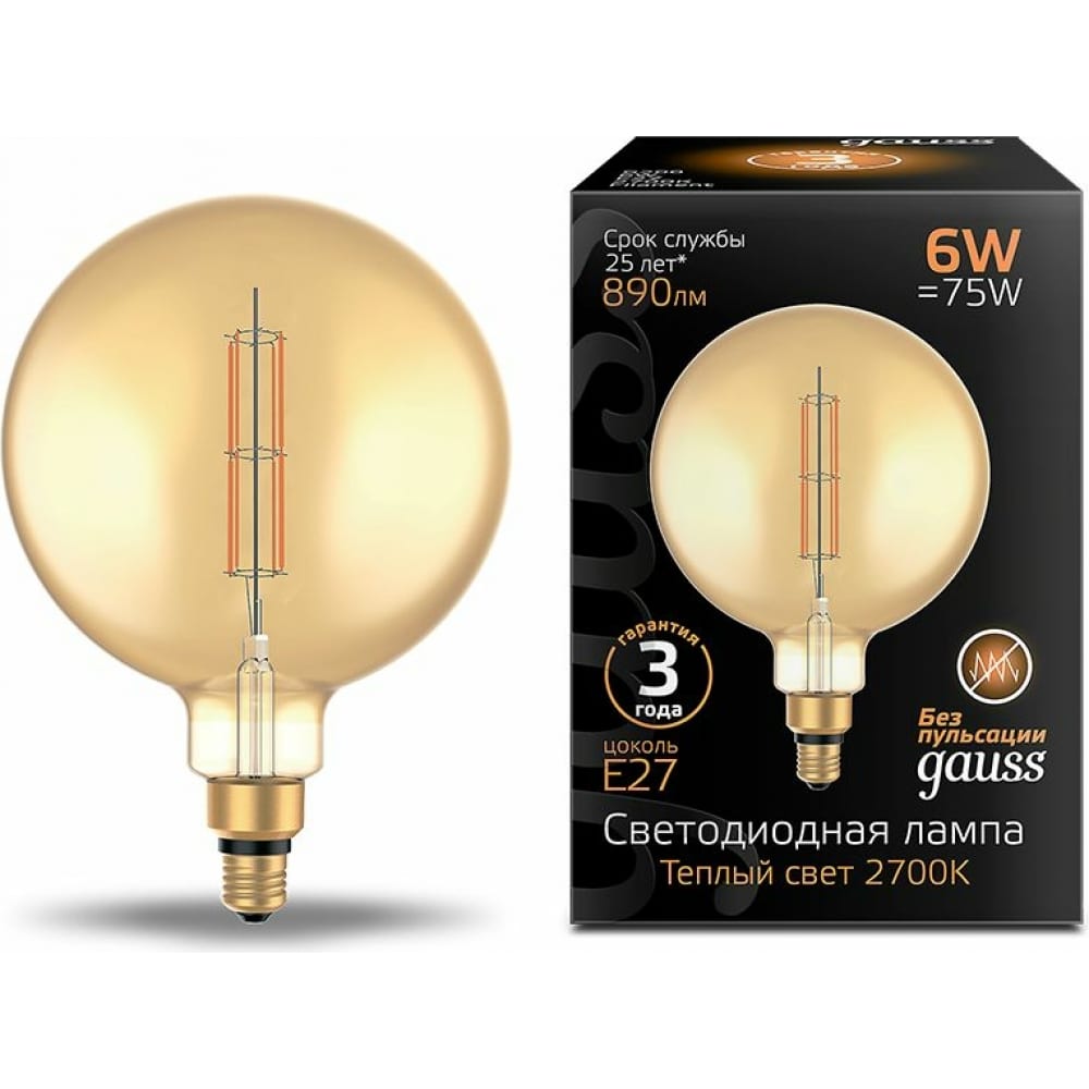 фото Лампа gauss led vintage filament straight g200 6w e27 200x283mm amber 890lm 2700k 1/6 154802118