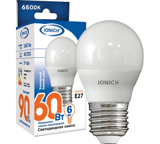 Изображение товара Лампа IONICH ILED-SMD2835-G45-6-540-230-6.5-E27 1543