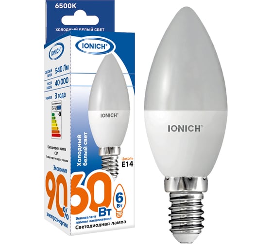 Изображение товара Светодиодная лампа IONICH свеча ILED-SMD2835-C37-6-540-230-6.5-E14 1530