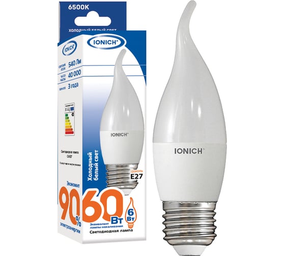 Изображение товара Светодиодная лампа IONICH Свеча на ветру ILED-SMD2835-CW37 6Вт 540Лм 230В 6500К E27 1121 1541