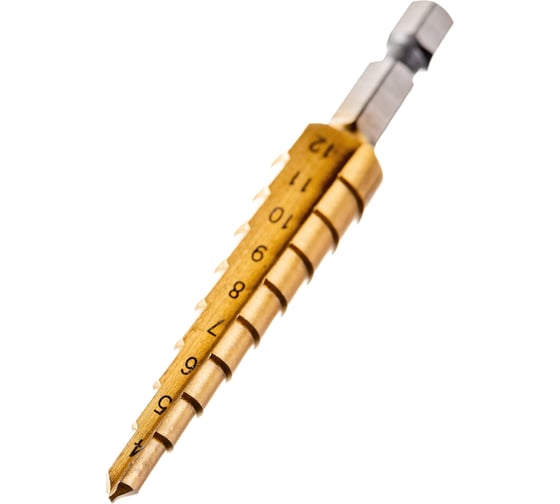 Изображение товара Сверло ступенчатое (4-12 мм; HSS TiN; шестигранный хвостовик) ТУНДРА 2393927