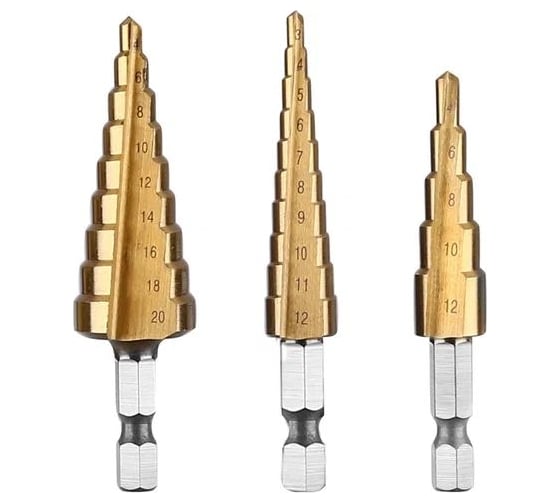 Изображение товара Ступенчатые свёрла елочка по металлу и дереву 4-20, Набор 3 шт в чехле, Vitatools nabor-sverlo-stupenchatoe-3st-4-20