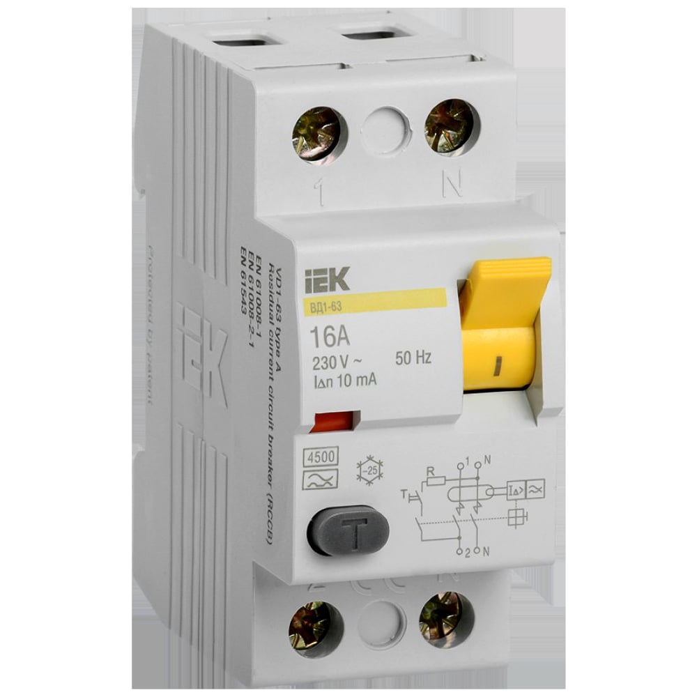 Изображение товара Дифференциальный выключатель IEK УЗО ВД1-63, 2Р, 16А, 10мА, тип А MDV11-2-016-010