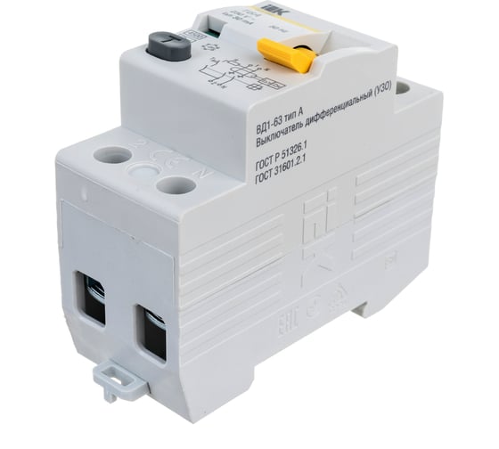 Изображение товара Дифференциальный выключатель IEK УЗО ВД1-63, 2Р, 16А, 30мА, тип А MDV11-2-016-030