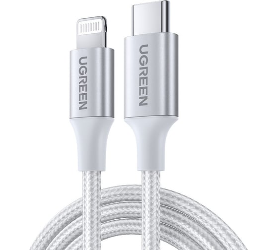 Изображение товара Кабель Ugreen US304 USB-C to Lightning M M Cable Aluminum Shell Braided. Длина 2 м. Цвет серебристый 70525