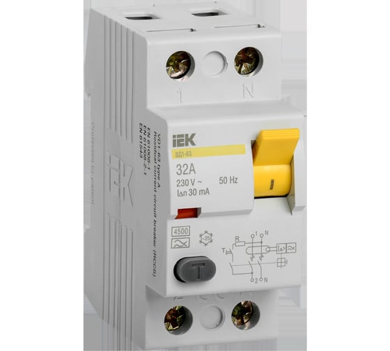Изображение товара Дифференциальный выключатель IEK УЗО, ВД1-63, 2Р, 32А, 30мА, тип А MDV11-2-032-030