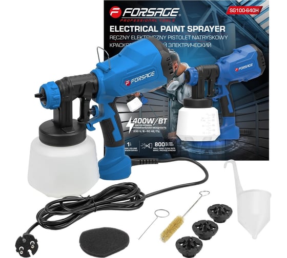 Изображение товара Ручной электрический краскопульт Forsage 230В, 400Вт, объем бачка 1 л, макс.расход краски 800 мл/мин F-SG100-640H(58999)