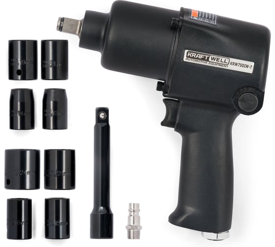 Изображение товара Пневматический ударный гайковерт KraftWell 1/2 с комплектом ударных головок, 780 Нм KRW750IW-T