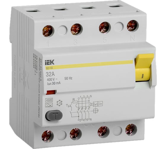 Изображение товара Устройство защитного отключения IEK ВД1-63, УЗО, 4Р, 32А, 30мА, тип А MDV11-4-032-030