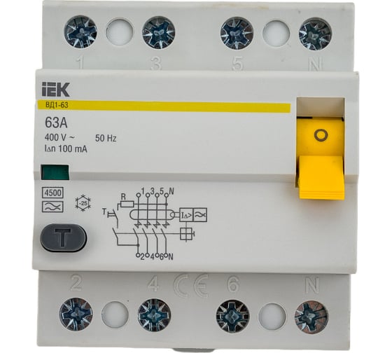 Изображение товара Устройство защитного отключения IEK ВД1-63, УЗО, 4Р, 63А, 100мА, тип А MDV11-4-063-100