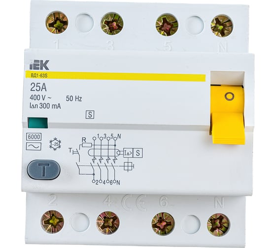 Изображение товара Устройство защитного отключения IEK ВД1-63S УЗО, 4Р, 25А, 300мА MDV12-4-025-300