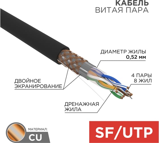 Изображение товара Кабель REXANT витая пара SFTP 4PR 24AWG, CAT5e, наружный, бухта 305 м 01-0344