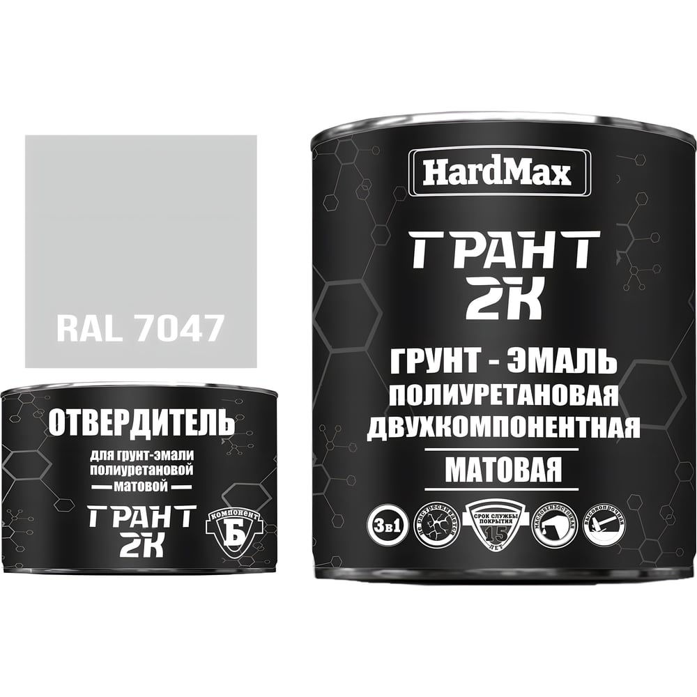 Изображение товара Грунт-эмаль HardMax ГРАНТ 2К МАТ RAL 7047 Телесерый 4 2,19 кг комплект