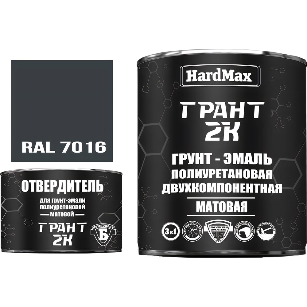 Изображение товара Грунт-эмаль HardMax ГРАНТ 2К МАТ RAL 7016 серый антрацит 1.7л для металла и бетона