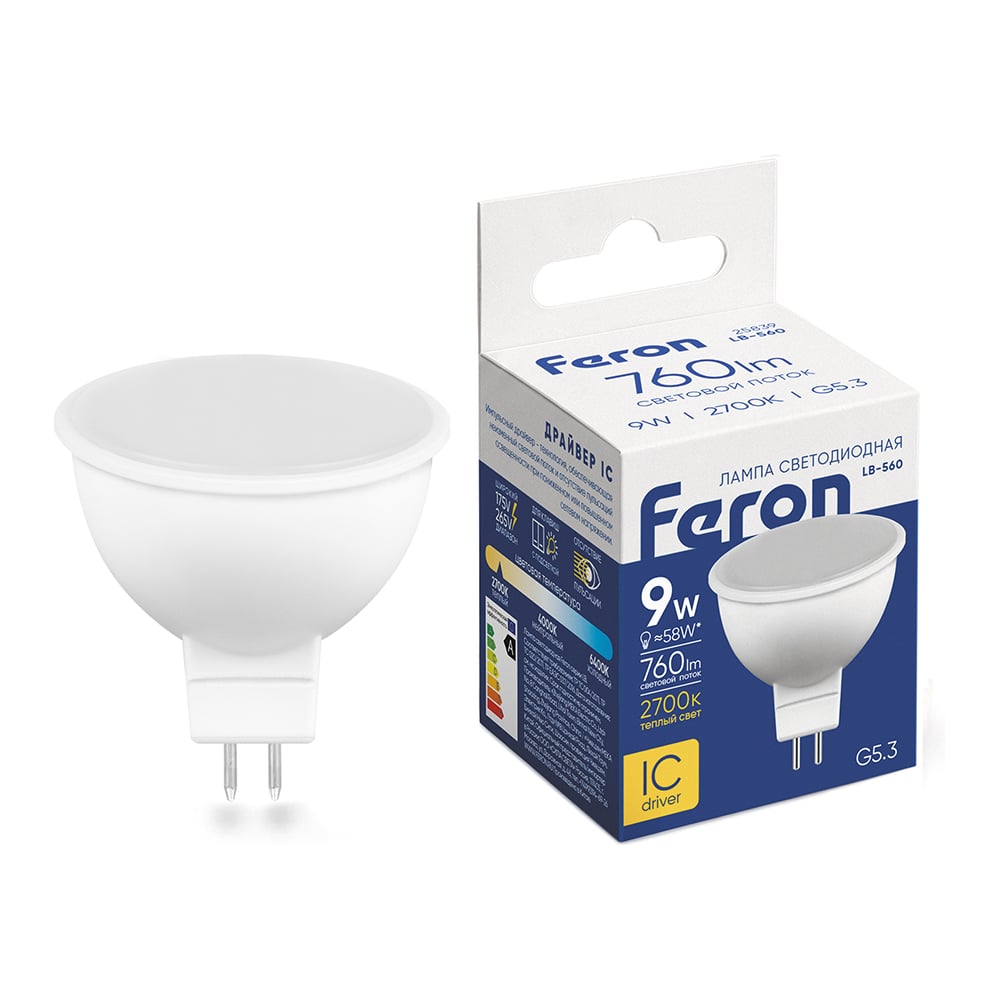 Изображение товара Лампа светодиодная FERON диммируемая LB-561 MR16 G5.3 9W 230V 4000K, 51071