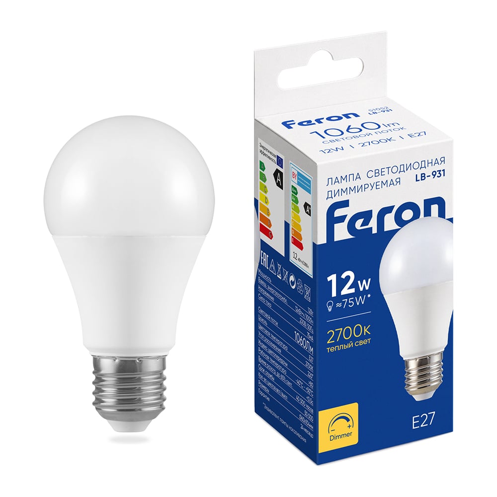Изображение товара Лампа светодиодная FERON диммируемая LB-931 Шар E27 12W 230V 2700K, 51052 Изображение товара Лампа светодиодная FERON диммируемая LB-931 Шар E27 12W 230V 2700K, 51052