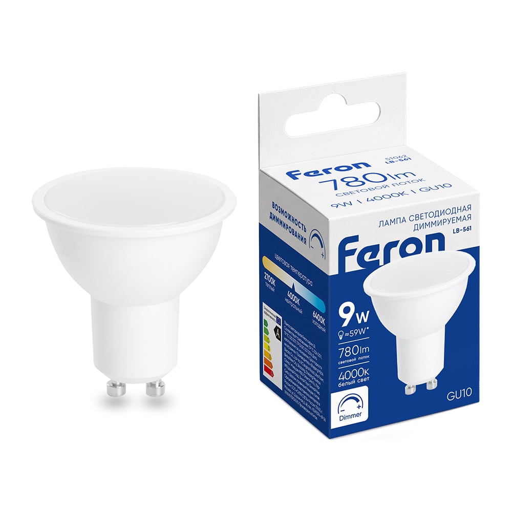 Изображение товара Лампа светодиодная FERON диммируемая LB-561 MR16 GU10 9W 230V 4000K, 51062