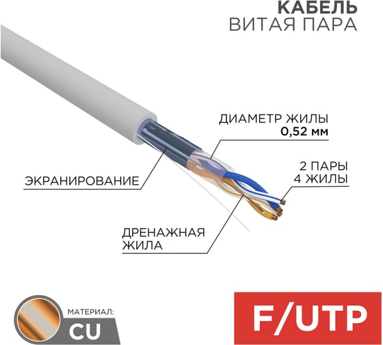 Изображение товара Кабель витая пара REXANT F/UTP, CAT 5e, ZH нг(А)-HF, 2x2х0,52 мм, 24AWG, INDOOR, SOLID, серый, 305 м PRO 02-0022