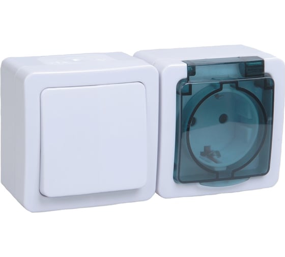 Изображение товара Блок выключатель 1клавишный+розетка IEK БГб-22-31-ГПБд 1м с заземлением IP54 ГЕРМЕС PLUS белый/дымчатый EBGMP20-K03-31-54-EC