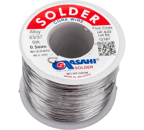 Изображение товара Припой (0.5 мм, 0.25 кг, Sn63/Pb37, HF533 флюс безотм. RMA) ASAHI 00-00004309