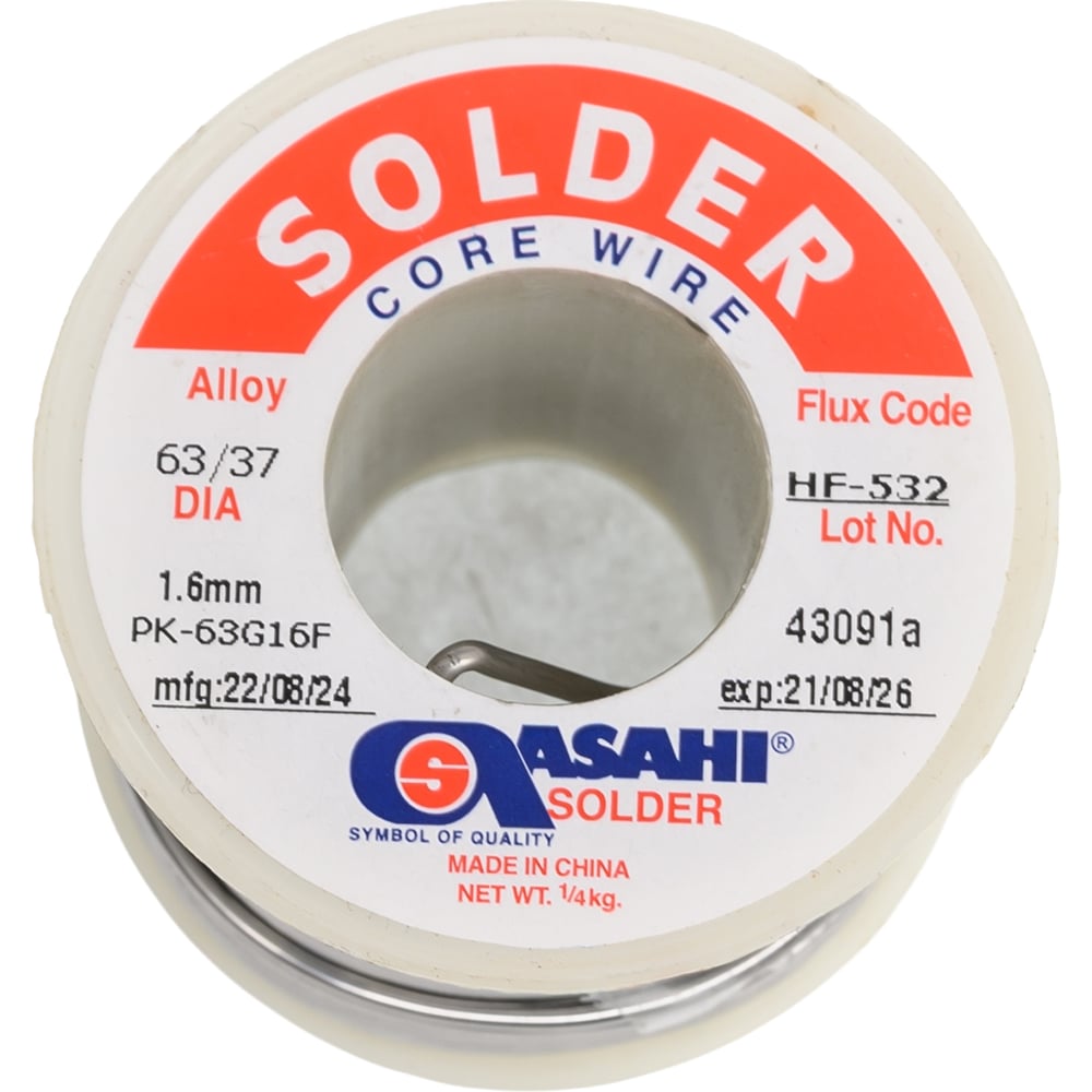 Изображение товара Припой мягкий 1.6 мм, 0.25 кг, Sn63/Pb37, HF532, безотмывочный флюс ASAHI
