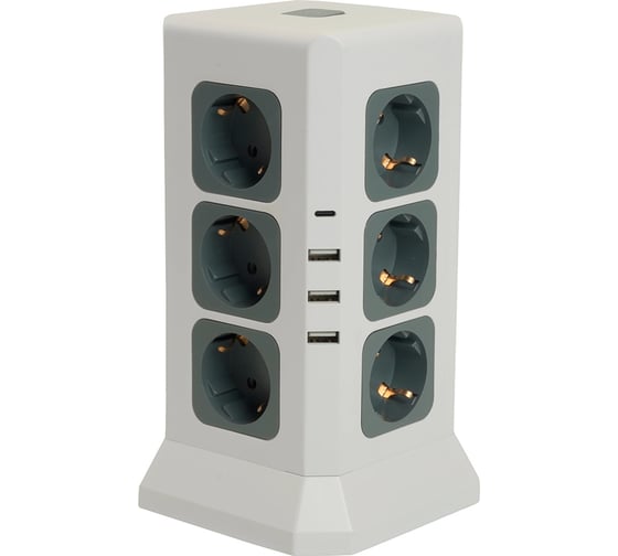 Изображение товара Удлинитель STEKKER 12-местн с/з, 3x1мм2, 1.5м,3520Вт 3USB A + 1C 5V 3,4A, белый, серый Comfort HM10-61-01, 49991