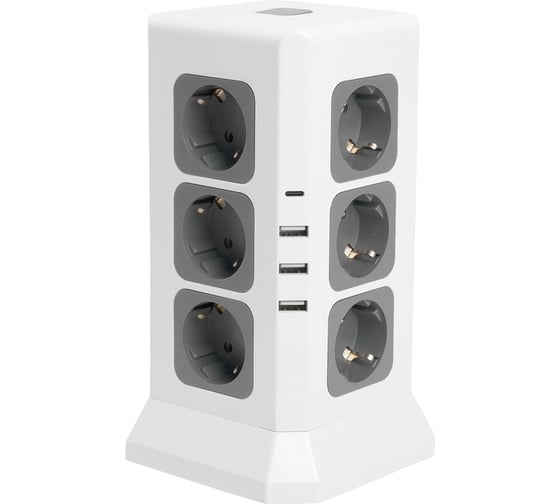 Изображение товара Удлинитель STEKKER 12-местн с/з, 3x1мм2, 1.5м,3520Вт 3USB A + 1C 5V 3,4A, белый, серый Comfort HM10-61-01, 49991