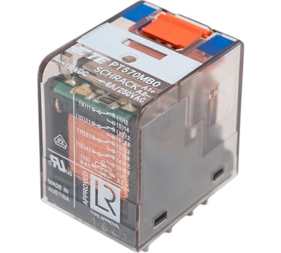 Изображение товара Промежуточное реле Schrack Technik PT, 4 переключающих контакта, 6А, 110VDC+LED+диод артикул Австрия PT570MB0