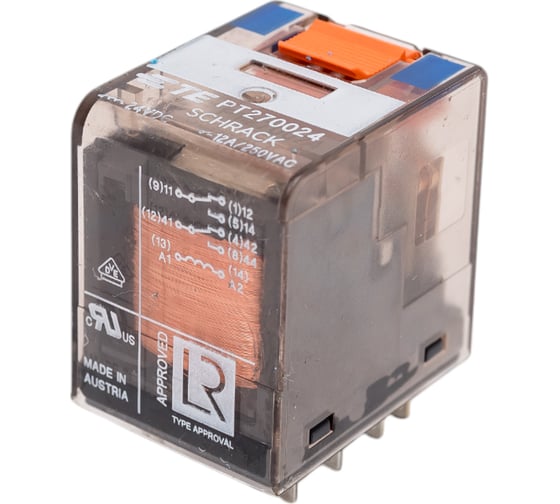 Изображение товара Промежуточное реле Schrack Technik PT, 2 переключающих контакта, 12А, 24VDC артикул Австрия PT270024