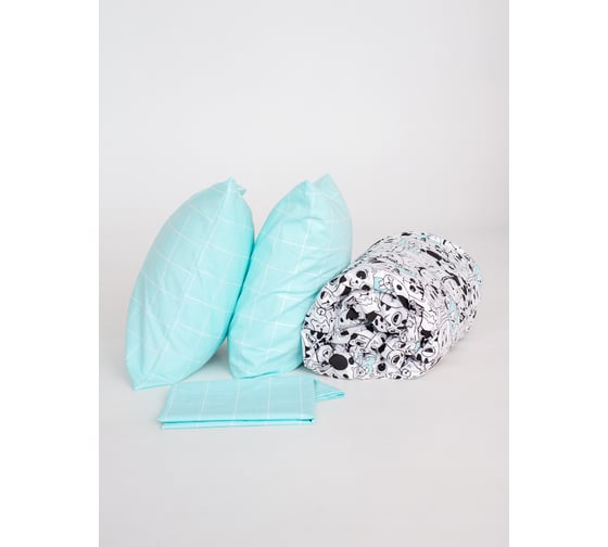 Изображение товара Комплект постельного белья ООО «Текстильная компания «Русский Дом» поплин 1097-1/1093-1 Коты б/з с компаньоном Клетка голубой (20с259), 1,5 спальный  РД-00001388