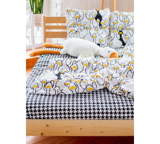 Изображение товара Комплект постельного белья ООО «Текстильная компания «Русский Дом» поплин 1209-1/1210-1 Гуси с компаньоном Гусиная лапка (20с259), 1,5 спальный РД-00001406