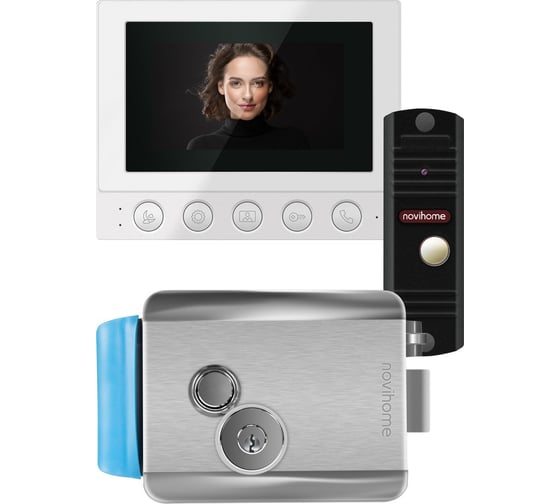 Изображение товара Комплект видеодомофона Novihome для частного дома, дачи SIMPLE 4 KIT PLUS: монитор, вызывная панель со встроенным БУЗ, электромеханический замок 4332