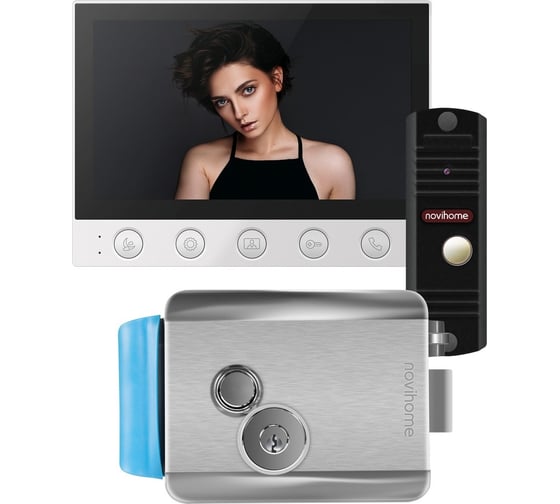 Изображение товара Комплект видеодомофона Novihome для частного дома, дачи SIMPLE 7 KIT PLUS: монитор, вызывная панель со встроенным БУЗ, электромеханический замок 4379