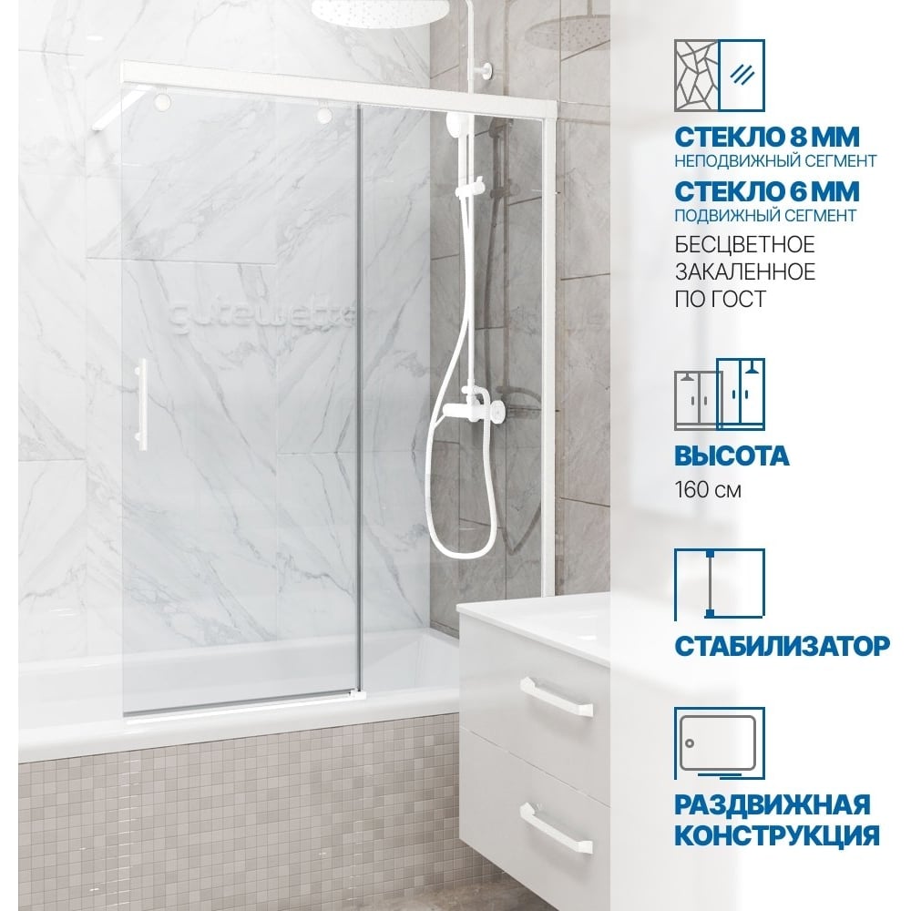 Изображение товара Шторка на ванну GuteWetter GWMPSLPL862 75x160 см белый матовый