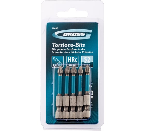 Изображение товара Набор бит торсионных (5 шт; PH2; 50 мм) для ударных шуруповертов GROSS 11490