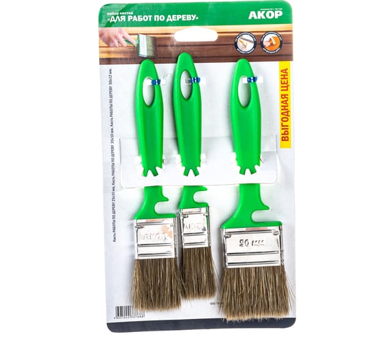 Изображение товара Набор кистей по дереву Акор смеш.щетина 25х10, 35х10, 50х12мм КД 3 шт 4607044337688