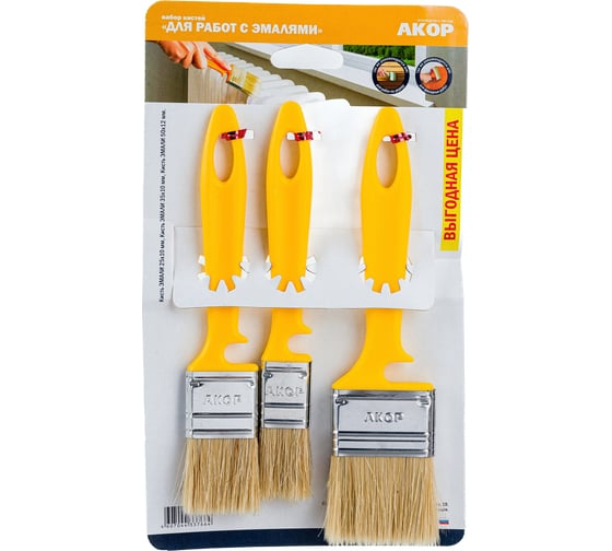 Изображение товара Набор кистей по эмалями Акор натур.щетина 25х10, 35х10, 50х12мм КЭ 3 шт 4607044337664