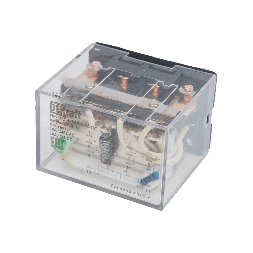 Изображение товара Промежуточное реле DEKraft с LED индикацией и 4 контактами 10А 12В DC