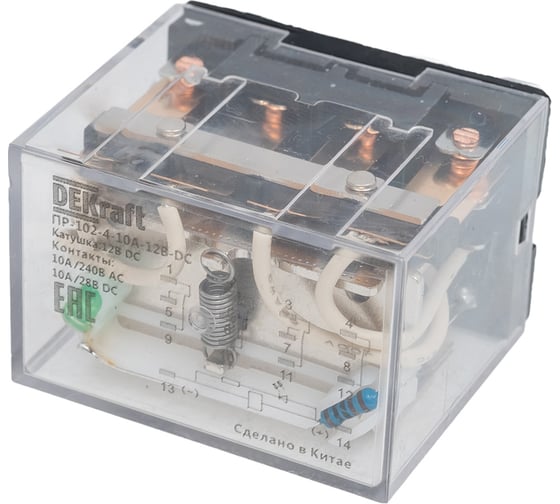 Изображение товара Промежуточное реле DEKraft 4 контакта с LED индикацией 10А 12В DC ПР-102 23936DEK