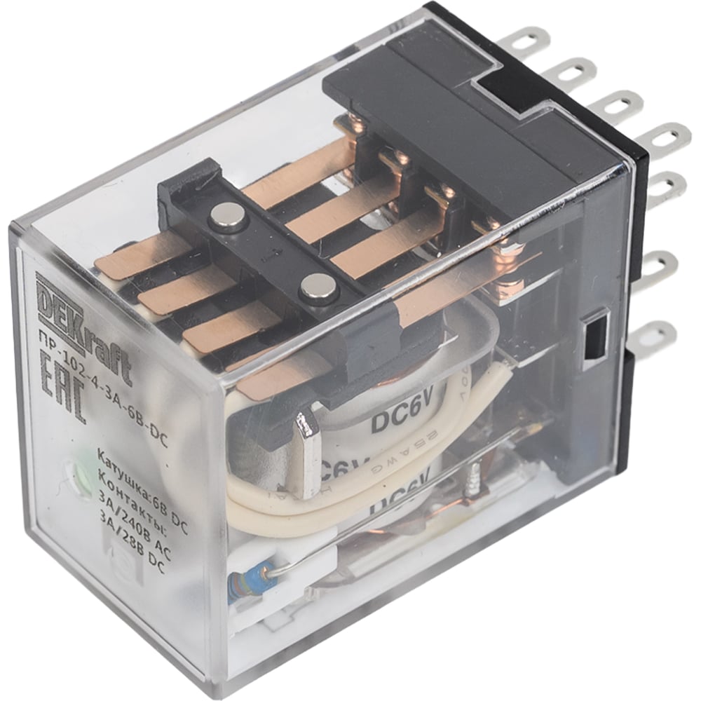 Изображение товара Промежуточное реле DEKraft 4 контакта с LED индикацией 6В DC ПР-102