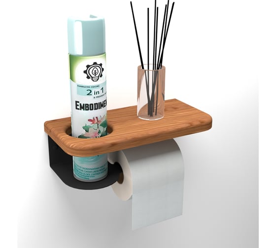 Изображение товара Держатель для туалетной бумаги EMBODIMENT из массива ясеня, с полкой хранения и отверстием под освежитель воздуха, черный EMB-TP-WA-AB