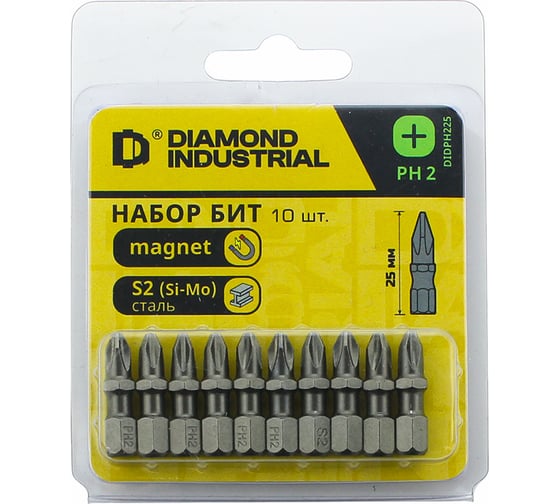 Изображение товара Биты магнитные PH2, 25 мм, 10 штук, S2 закаленные Diamond Industrial DIDPH225