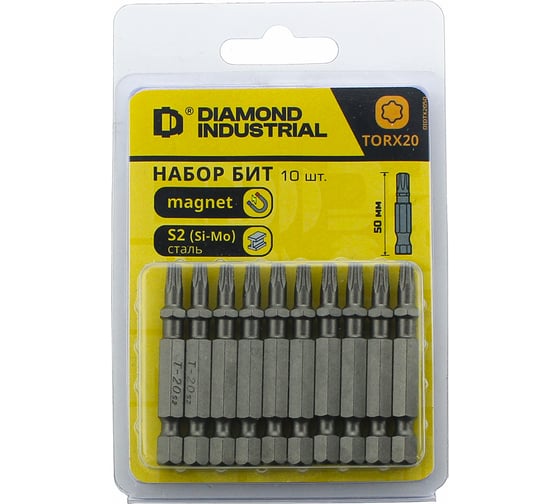 Изображение товара Биты магнитные TORX T20, 50 мм, 10 штук, S2 закаленные Diamond Industrial DIDTX2050